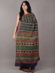 Indigo Green Yellow Red Hand Block Printed in Cotton Mul Saree - S031701779