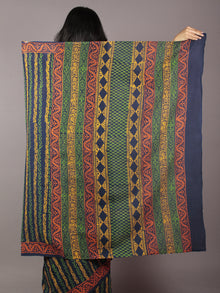 Indigo Green Yellow Red Hand Block Printed in Cotton Mul Saree - S031701779