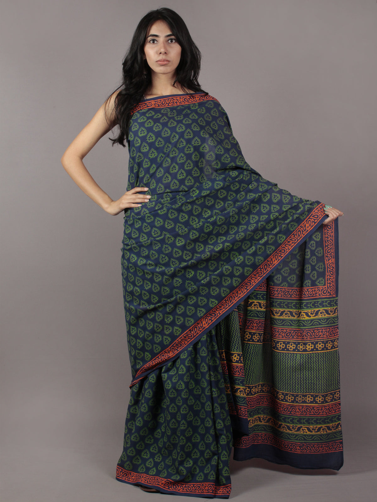 Blue Green Yellow Red Hand Block Printed in Cotton Mul Saree - S031701785