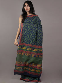 Blue Green Yellow Red Hand Block Printed in Cotton Mul Saree - S031701785