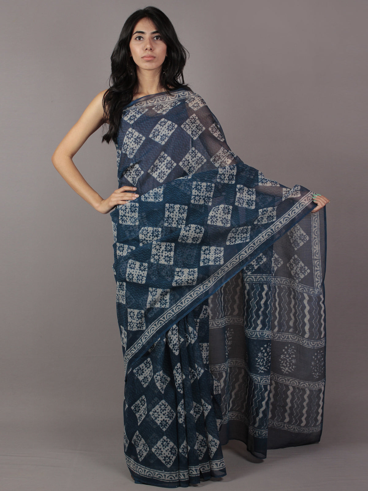 Indigo Ivory Hand Block Printed Kota Doria Saree in Natural Colors - S031701786