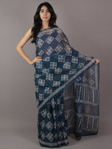 Indigo Ivory Hand Block Printed Kota Doria Saree in Natural Colors - S031701786