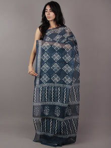 Indigo Ivory Hand Block Printed Kota Doria Saree in Natural Colors - S031701786