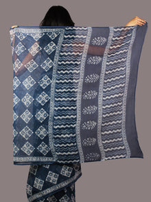 Indigo Ivory Hand Block Printed Kota Doria Saree in Natural Colors - S031701786
