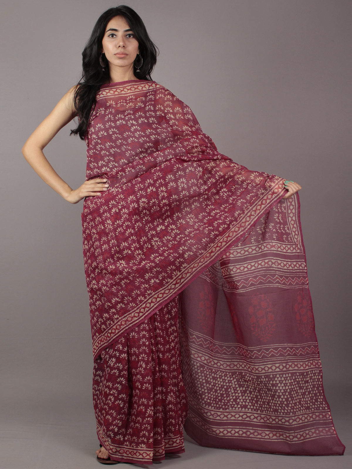 Maroon Ivory Hand Block Printed Kota Doria Saree in Natural Colors - S031701789