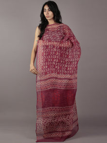 Maroon Ivory Hand Block Printed Kota Doria Saree in Natural Colors - S031701789