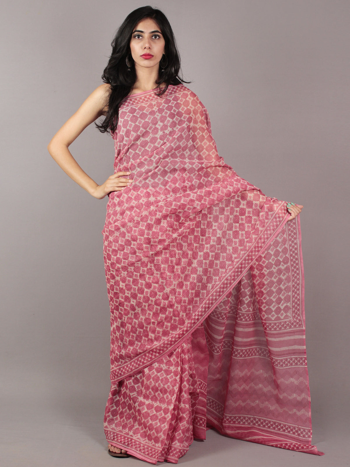 Deep Pink Ivory Hand Block Printed Kota Doria Saree in Natural Colors - S031701794