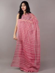 Deep Pink Ivory Hand Block Printed Kota Doria Saree in Natural Colors - S031701794