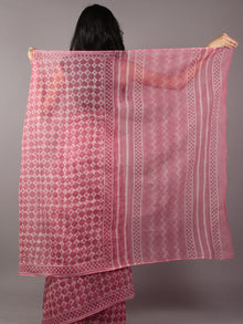 Deep Pink Ivory Hand Block Printed Kota Doria Saree in Natural Colors - S031701794