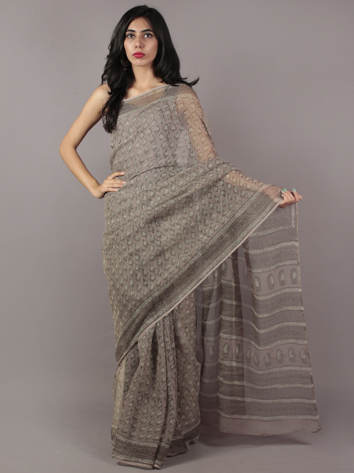 Kashish Ivory Deep Green Hand Block Printed Kota Doria Saree in Natural Colors - S031701797