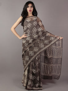 Brown Ivory Hand Block Printed Kota Doria Saree in Natural Colors - S031701798