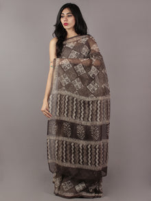 Brown Ivory Hand Block Printed Kota Doria Saree in Natural Colors - S031701798