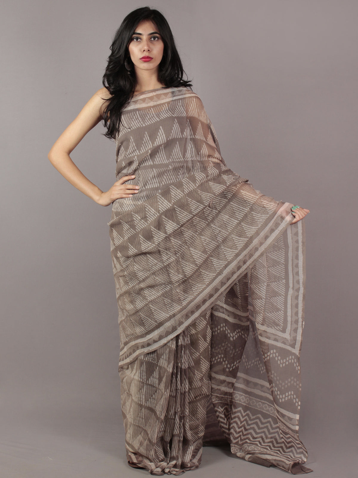 Kashish Ivory Hand Block Printed Kota Doria Saree in Natural Colors - S031701799