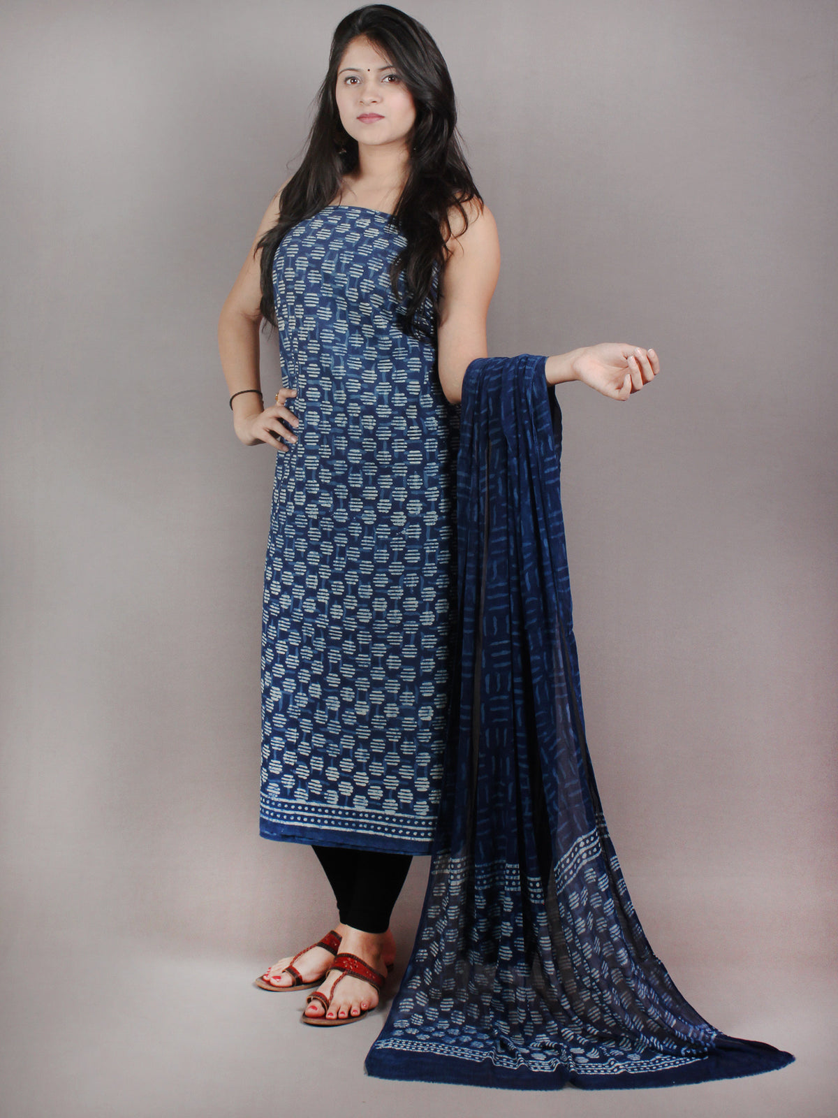 Indigo White Hand Block Printed Cotton Suit-Salwar Fabric With Chiffon Dupatta - S1628058
