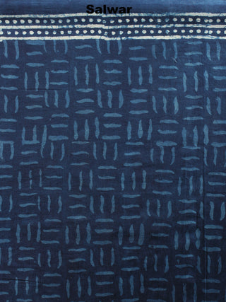 Indigo White Hand Block Printed Cotton Suit-Salwar Fabric With Chiffon Dupatta - S1628058