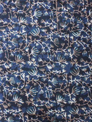 Indigo Beige Brown Hand Block Printed Cotton Cambric Fabric Per Meter - F0916412