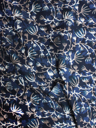 Indigo Beige Brown Hand Block Printed Cotton Cambric Fabric Per Meter - F0916412