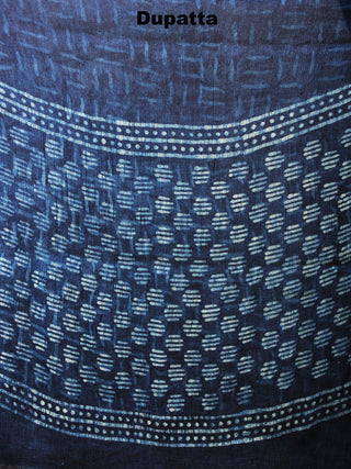 Indigo White Hand Block Printed Cotton Suit-Salwar Fabric With Chiffon Dupatta - S1628058
