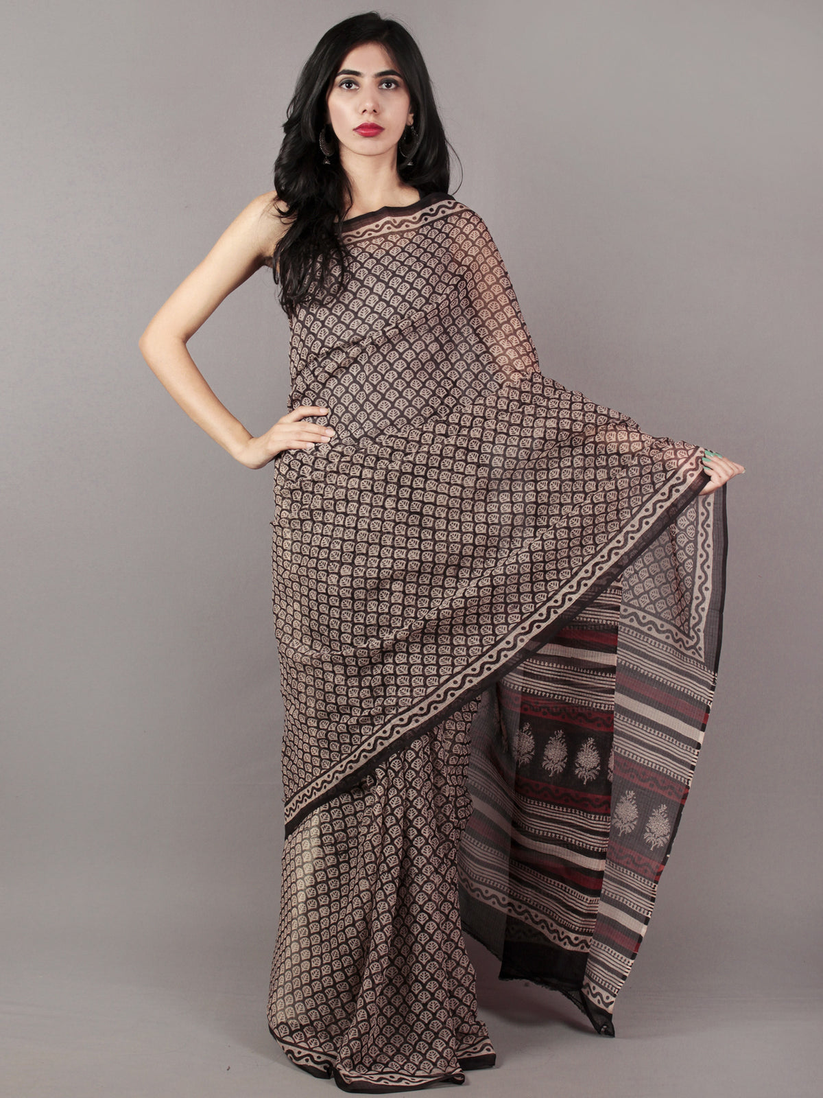 Black Ivory Maroon Hand Block Printed Kota Doria Saree in Natural Colors - S031701801