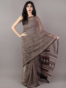 Black Ivory Maroon Hand Block Printed Kota Doria Saree in Natural Colors - S031701801