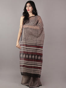 Black Ivory Maroon Hand Block Printed Kota Doria Saree in Natural Colors - S031701801