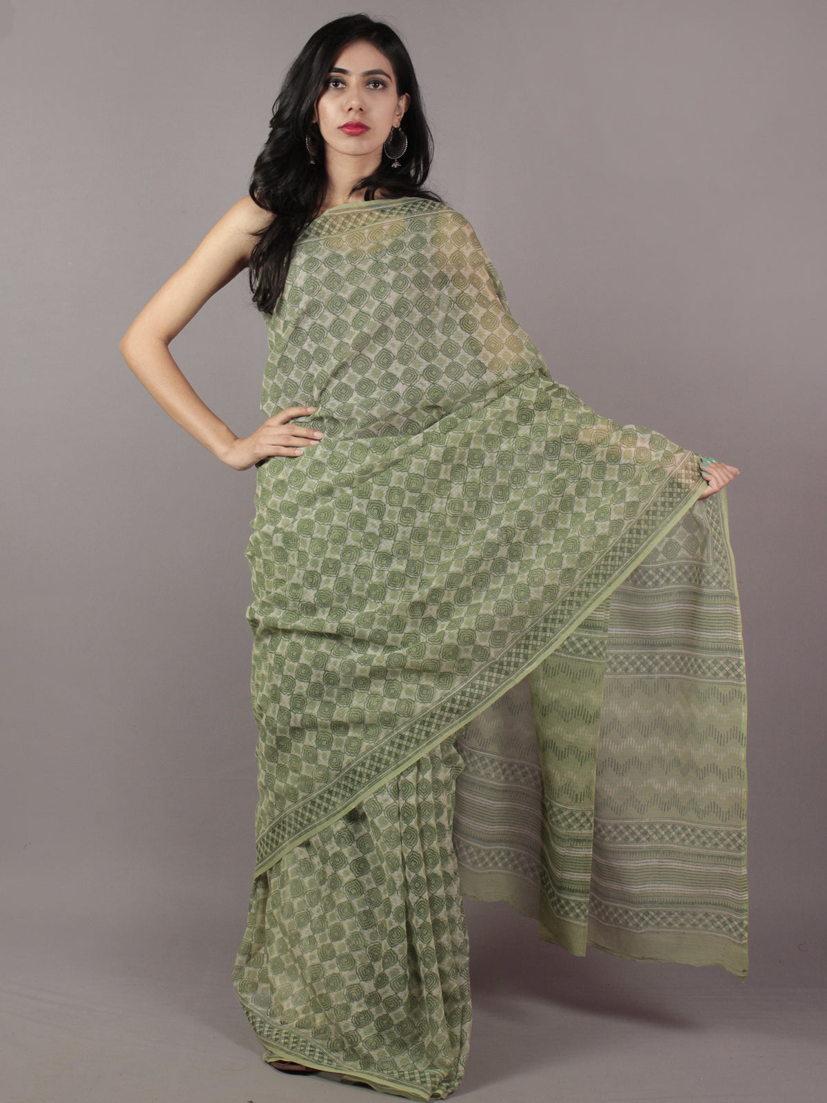 Light Green Ivory Hand Block Printed Kota Doria Saree in Natural Colors - S031701803