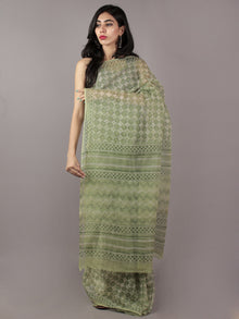 Light Green Ivory Hand Block Printed Kota Doria Saree in Natural Colors - S031701803