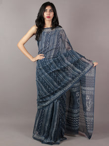 Indigo White Hand Block Printed Kota Doria Saree in Natural Colors - S031701804