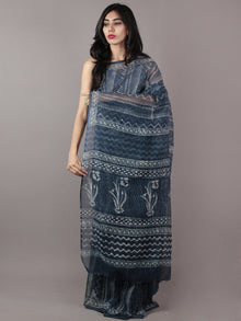 Indigo White Hand Block Printed Kota Doria Saree in Natural Colors - S031701804