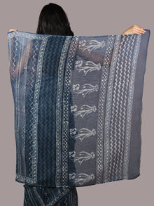 Indigo White Hand Block Printed Kota Doria Saree in Natural Colors - S031701804