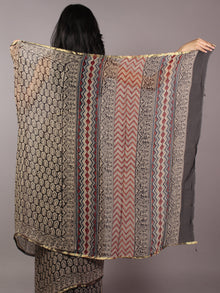 Black Beige Maroon Hand Block Printed Chiffon Saree - S031701809