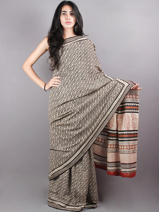 Beige Black Cotton Hand Block Printed Saree - S03170181