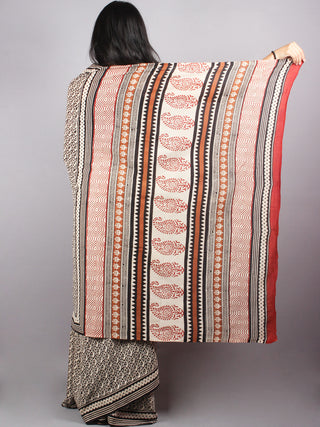 Beige Black Cotton Hand Block Printed Saree - S03170181