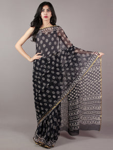 Deep Indigo White Hand Block Printed Chiffon Saree - S031701811