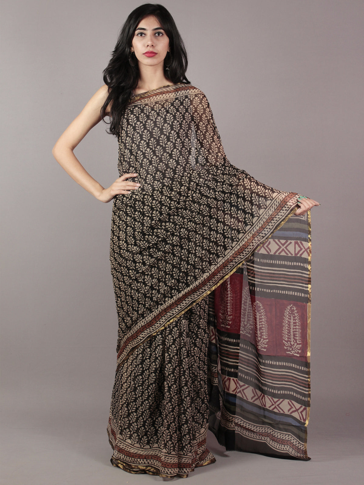 Black Beige Maroon Hand Block Printed Chiffon Saree - S031701818