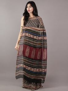 Black Beige Maroon Hand Block Printed Chiffon Saree - S031701818