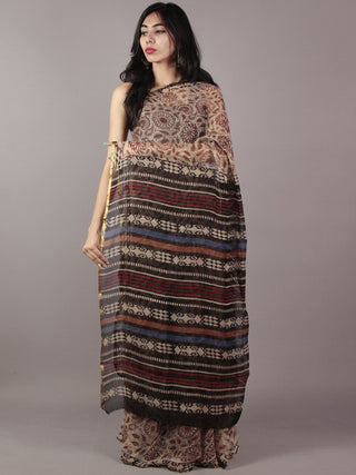 Beige Maroon Brown Black Hand Block Printed Chiffon Saree - S031701820