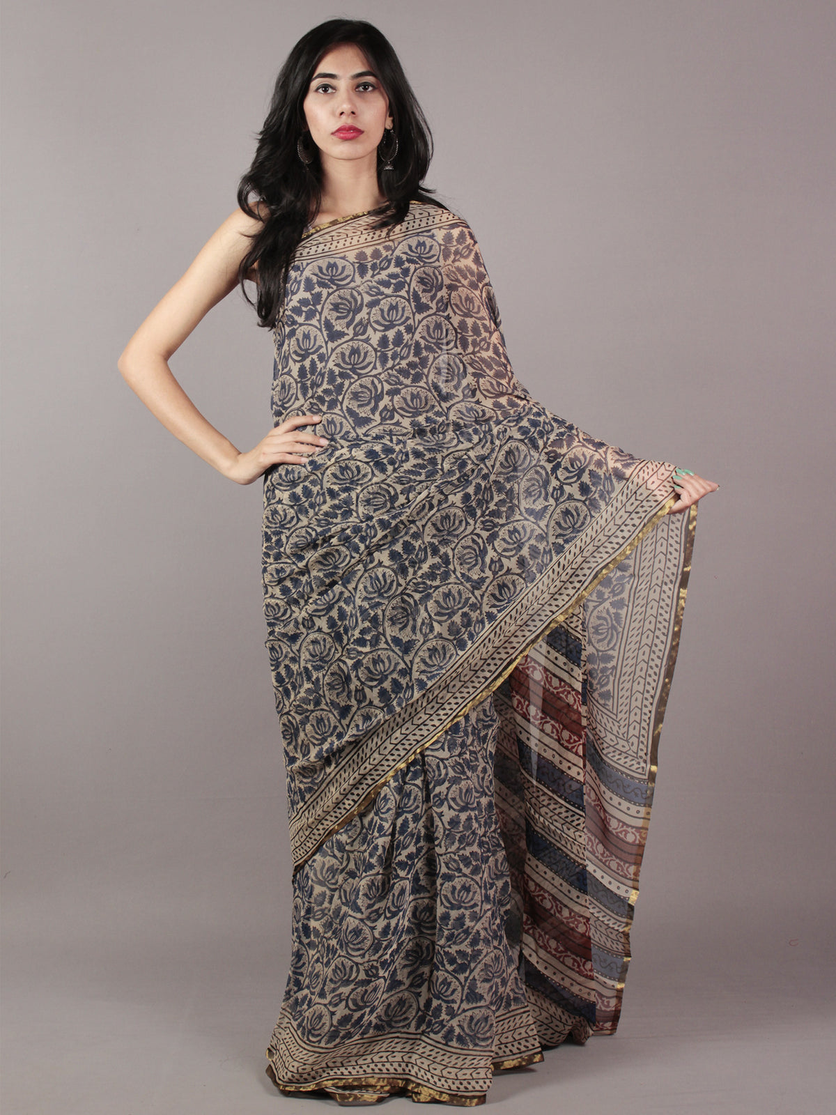 Beige Indigo Black Hand Block Printed Chiffon Saree - S031701822