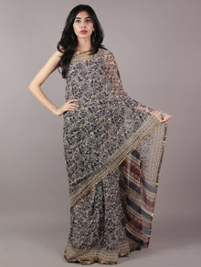Beige Indigo Black Hand Block Printed Chiffon Saree - S031701822