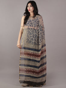 Beige Indigo Black Hand Block Printed Chiffon Saree - S031701822