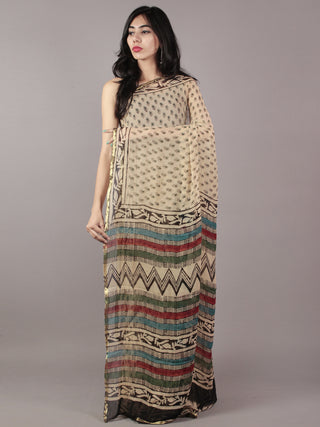 Beige Black Hand Block Printed Chiffon Saree With Multi Color Pallu - S031701824