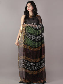 Black White Green Orange Maroon Hand Block Printed Chiffon Saree - S031701828