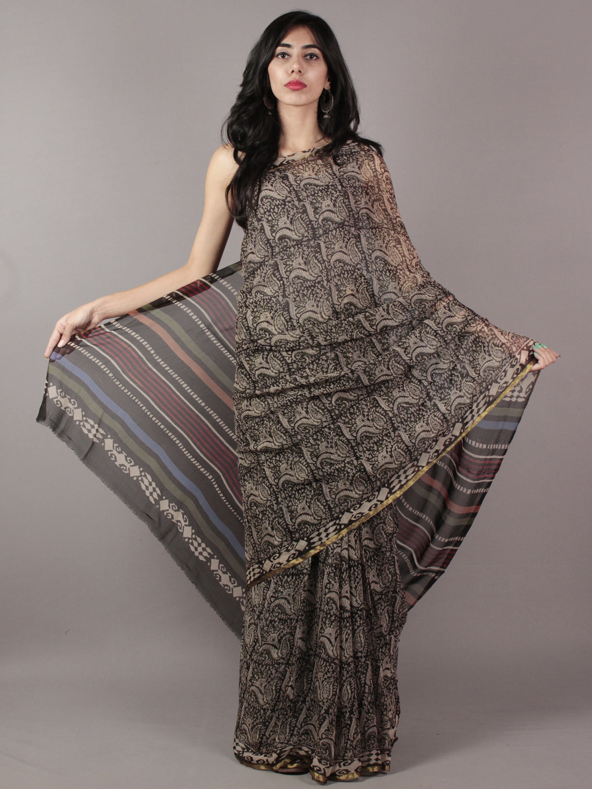 Black Beige Maroon Hand Block Printed Chiffon Saree - S031701830