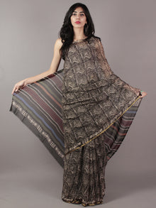 Black Beige Maroon Hand Block Printed Chiffon Saree - S031701830