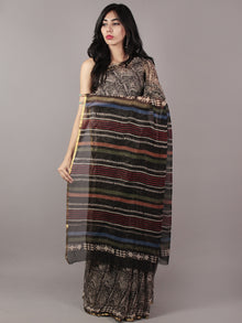 Black Beige Maroon Hand Block Printed Chiffon Saree - S031701830