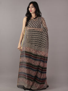 Black Beige Red Blue Hand Block Printed Chiffon Saree - S031701850