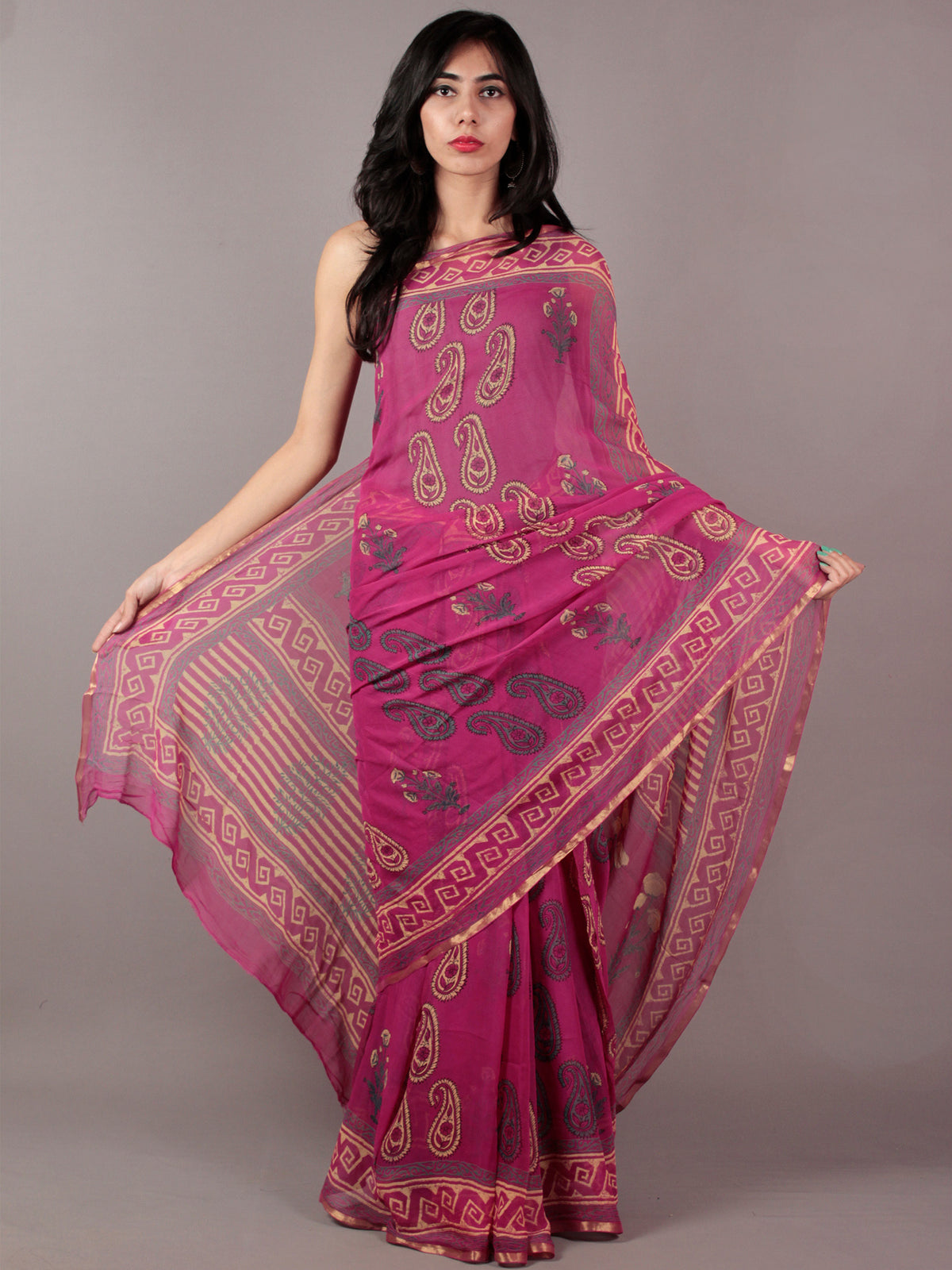 Magenta Green Yellow Hand Block Printed Chiffon Saree - S031701838