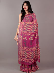 Magenta Green Yellow Hand Block Printed Chiffon Saree - S031701838