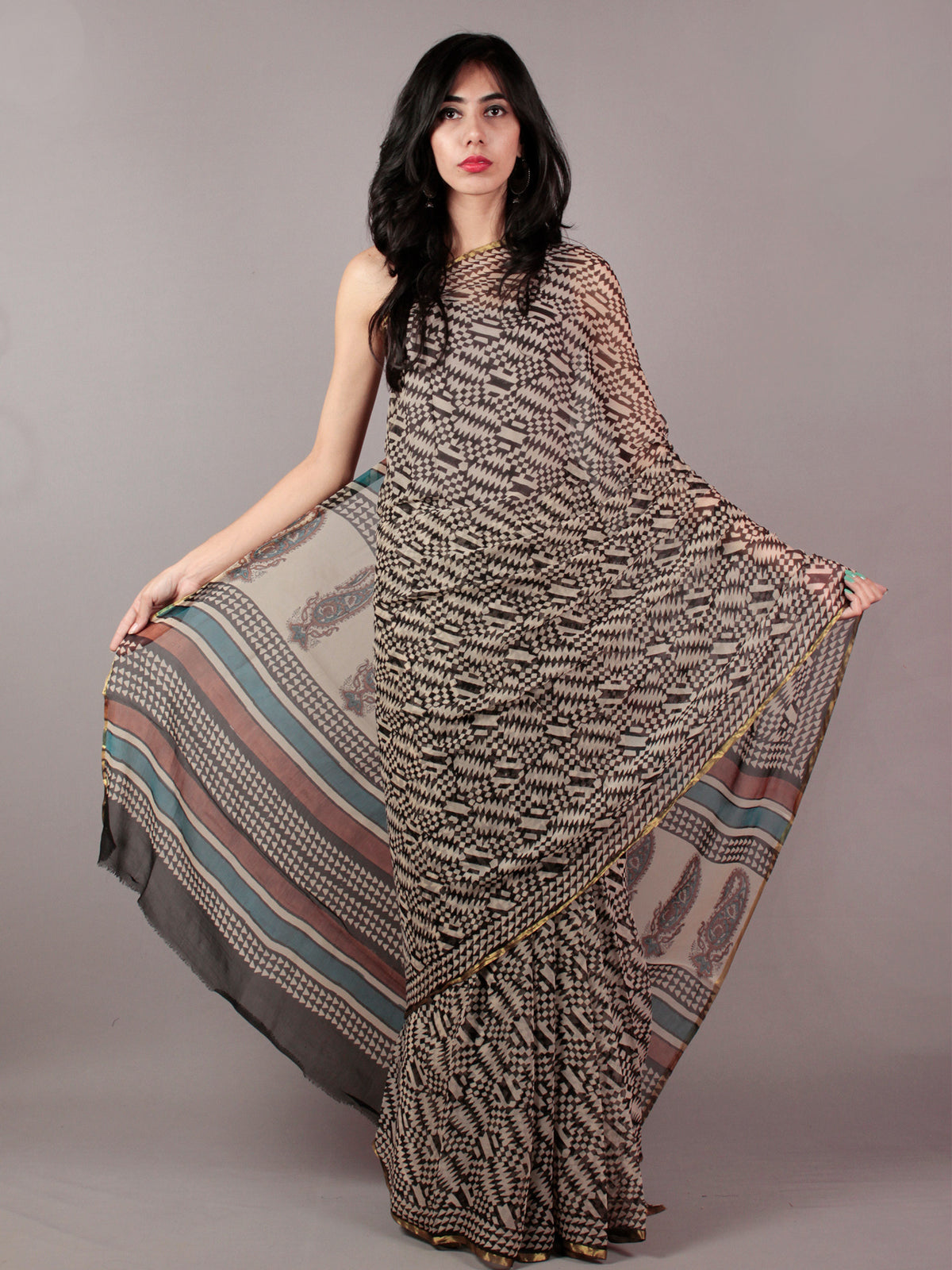 Beige Black Maroon Teal Green Hand Block Printed Chiffon Saree - S031701839