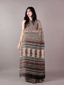 Beige Black Maroon Teal Green Hand Block Printed Chiffon Saree - S031701839